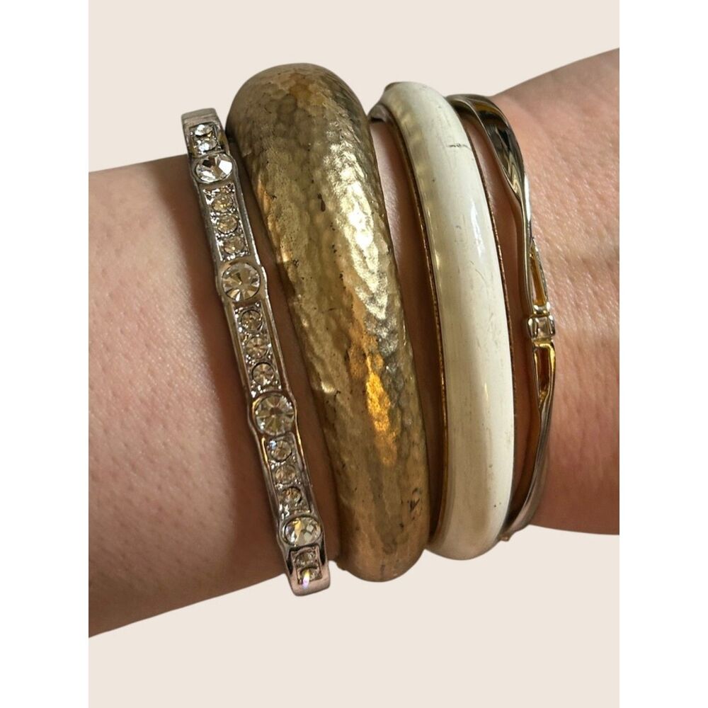 ✨ VTG HINGED BANGLE BRACELET HAMMERED GOLD ENAMEL RHINESTONES STACK BUNDLE LOT